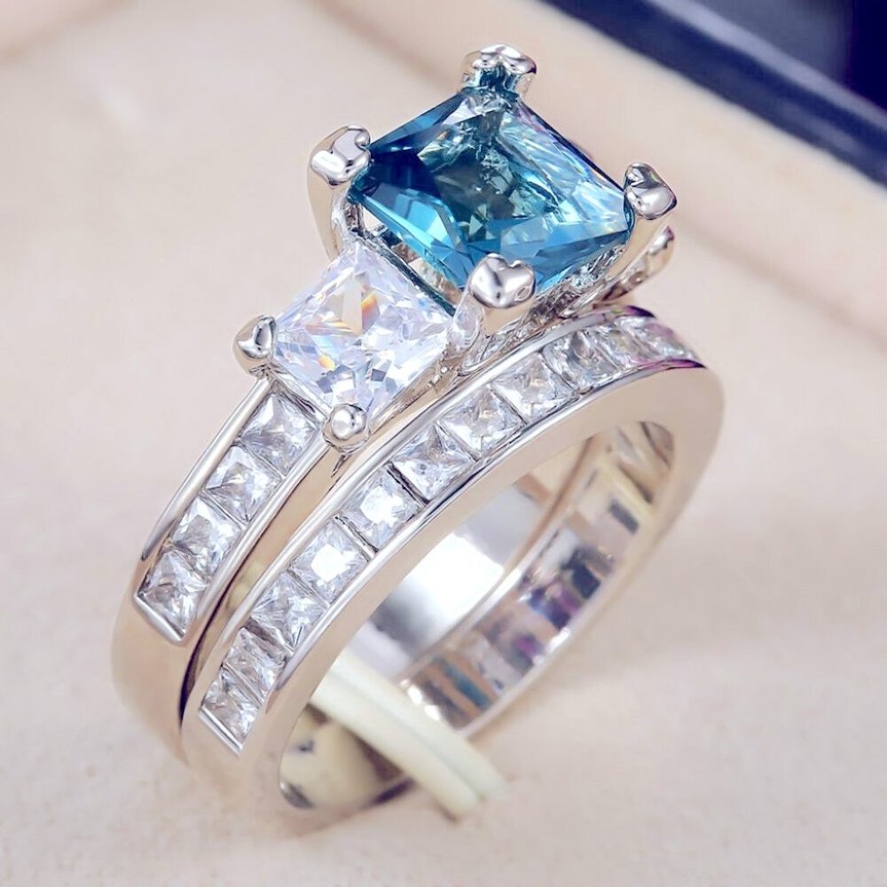 New Gorgeous 925 Silver Diamond Aquamarine Ring Set